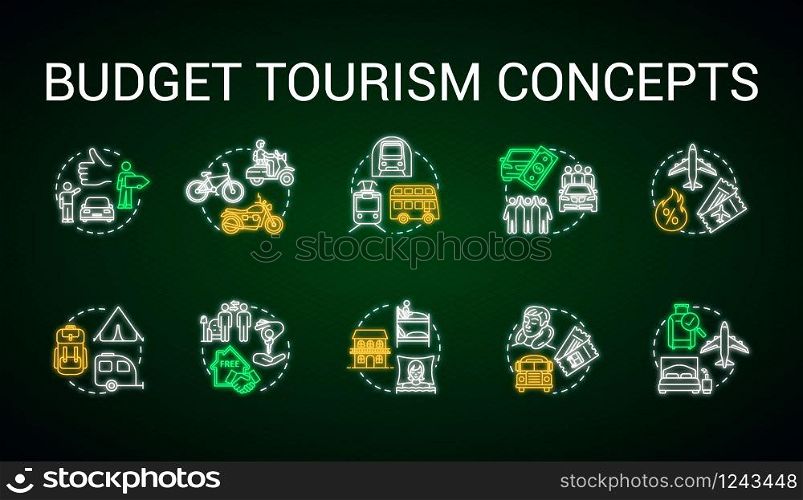 Budget tourism neon light concept icons set. Affordable vacation, cheap travel idea. Money saving tips for tourists. Cheap transport and rest. Glowing vector isolated RGB color illustration