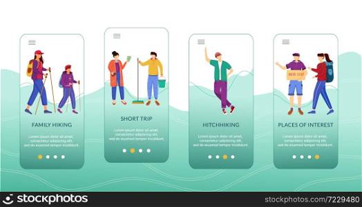 Budget tourism onboarding mobile app screen vector template. Cheap travelling ideas. Walkthrough website steps with flat characters. UX, UI, GUI smartphone cartoon interface concept. Budget tourism onboarding mobile app screen vector template