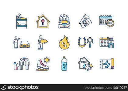 Budget tourism RGB color icons set. Hostel room. Renting apartment. Ride sharing. Hitchhiking. Public transport ticket. Hot discounts. Booking in advance. Home stay. Isolated vector illustrations. Budget tourism RGB color icons set
