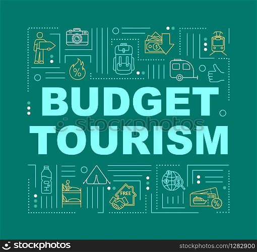 Budget tourism word concepts banner. Stay in hostel. Public transport. Infographics with linear icons on forestgreen background. Isolated typography. Vector outline RGB color illustration
