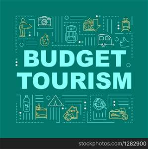 Budget tourism word concepts banner. Stay in hostel. Public transport. Infographics with linear icons on forestgreen background. Isolated typography. Vector outline RGB color illustration