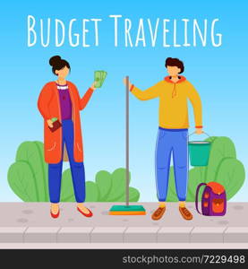 Budget travelling social media post mockup. Working as cleaner. Advertising web banner design template. Social media booster, content layout. Promotion poster, print ads with flat illustrations. Budget travelling social media post mockup