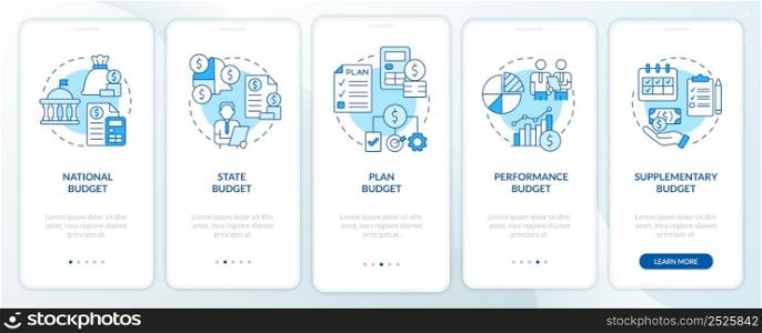 Budget types blue onboarding mobile app screen. National and state plan walkthrough 5 steps graphic instructions pages with linear concepts. UI, UX, GUI template. Myriad Pro-Bold, Regular fonts used. Budget types blue onboarding mobile app screen