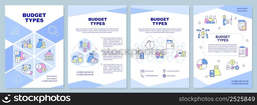 Budget types brochure template. Financial program and plan. Leaflet design with linear icons. 4 vector layouts for presentation, annual reports. Arial-Black, Myriad Pro-Regular fonts used. Budget types brochure template