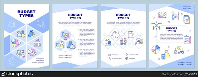 Budget types brochure template. Financial program and plan. Leaflet design with linear icons. 4 vector layouts for presentation, annual reports. Arial-Black, Myriad Pro-Regular fonts used. Budget types brochure template