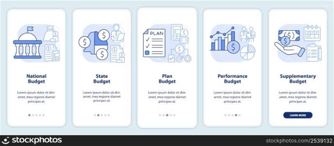 Budget types light blue onboarding mobile app screen. National plan walkthrough 5 steps graphic instructions pages with linear concepts. UI, UX, GUI template. Myriad Pro-Bold, Regular fonts used. Budget types light blue onboarding mobile app screen