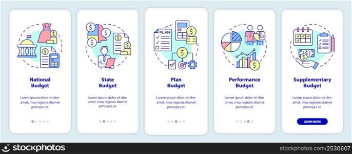 Budget types onboarding mobile app screen. National and state plan walkthrough 5 steps graphic instructions pages with linear concepts. UI, UX, GUI template. Myriad Pro-Bold, Regular fonts used. Budget types onboarding mobile app screen