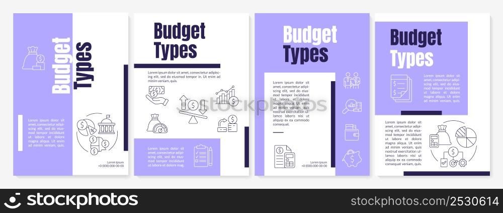Budget types purple brochure template. Financial program and plan. Leaflet design with linear icons. 4 vector layouts for presentation, annual reports. Anton, Lato-Regular fonts used. Budget types purple brochure template