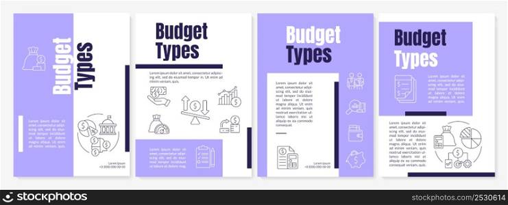 Budget types purple brochure template. Financial program and plan. Leaflet design with linear icons. 4 vector layouts for presentation, annual reports. Anton, Lato-Regular fonts used. Budget types purple brochure template