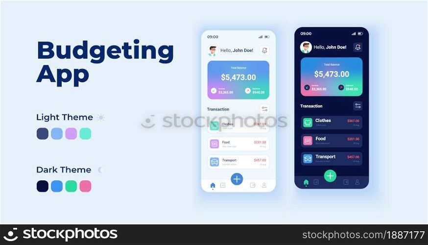 Budgeting app cartoon smartphone interface vector templates set. Mobile app screen page day and dark mode design. Managing finance UI for application. Phone display with flat character. Budgeting app cartoon smartphone interface vector templates set