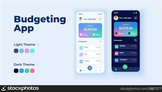Budgeting app cartoon smartphone interface vector templates set. Mobile app screen page day and dark mode design. Managing finance UI for application. Phone display with flat character. Budgeting app cartoon smartphone interface vector templates set