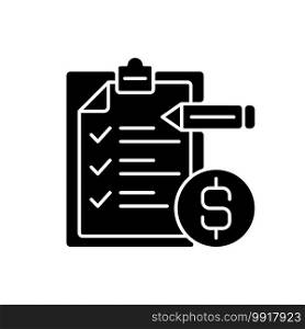 Budgeting black glyph icon. Financial plan for defined period. Counting every transaction destination. Responsible for managing money. Silhouette symbol on white space. Vector isolated illustration. Budgeting black glyph icon