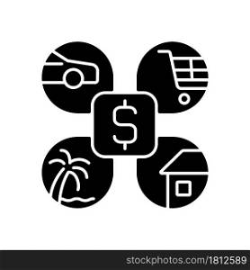 Budgeting black glyph icon. Split money for monthly plan. Living expenditure. Financial literacy. Understanding finance and economy. Silhouette symbol on white space. Vector isolated illustration. Budgeting black glyph icon