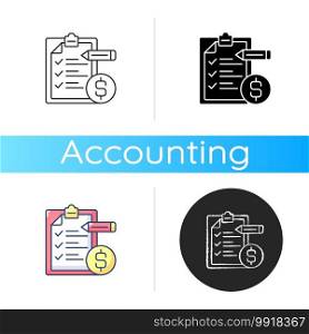 Budgeting icon. Financial plan for defined period. Counting every transaction destination. Responsible for managing money. Linear black and RGB color styles. Isolated vector illustrations. Budgeting icon