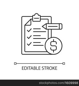 Budgeting linear icon. Financial plan for defined period. Responsible for managing money. Thin line customizable illustration. Contour symbol. Vector isolated outline drawing. Editable stroke. Budgeting linear icon