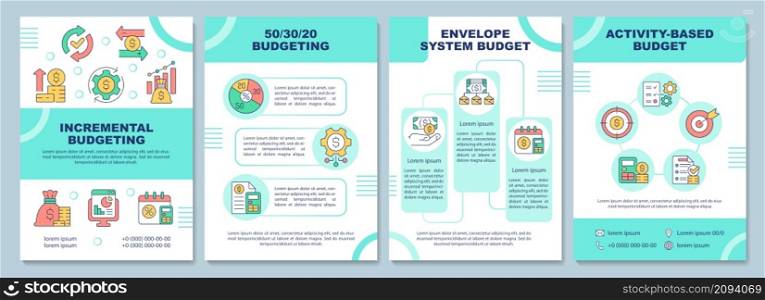 Budgeting methods brochure template. Planning approach. Booklet print design with linear icons. Vector layouts for presentation, annual reports, ads. Arial-Black, Myriad Pro-Regular fonts used. Budgeting methods brochure template