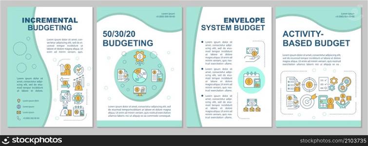 Budgeting methods mint brochure template. Planning approach. Booklet print design with linear icons. Vector layouts for presentation, annual reports, ads. Arial-Black, Myriad Pro-Regular fonts used. Budgeting methods mint brochure template