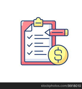 Budgeting RGB color icon. Financial plan for defined period. Counting every transaction destination. Responsible for managing money. Isolated vector illustration. Budgeting RGB color icon