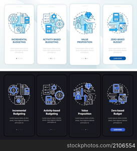 Budgeting types night and day mode onboarding mobile app screen. Walkthrough 4 steps graphic instructions pages with linear concepts. UI, UX, GUI template. Myriad Pro-Bold, Regular fonts used. Budgeting types night and day mode onboarding mobile app screen