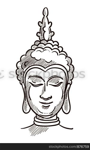 Budha Asian religion character monochrome sketch outline. Hand drawn image of head founder of Buddhism, Siddartha Gautama in calm state. Enlightened man prince from Nepal vector illustration. Budha Asian religion character monochrome sketch vector illustration
