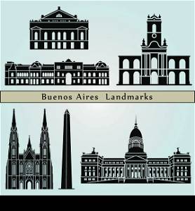 Buenos Aires landmarks and monuments isolated on blue background in editable vector file