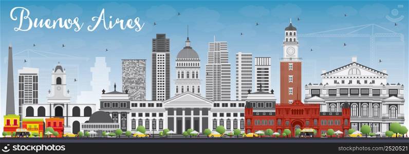 Buenos Aires Skyline with Color Landmarks and Blue Sky. Vector Illustration. Business Travel and Tourism Concept with Historic Buildings. Image for Presentation Banner Placard and Web Site.