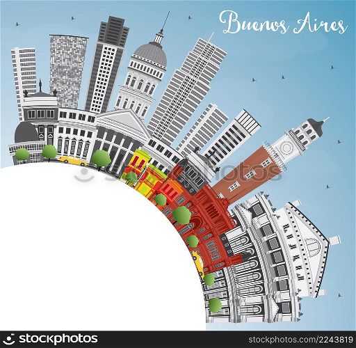 Buenos Aires Skyline with Color Landmarks, Blue Sky and Copy Space. Vector Illustration.