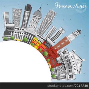 Buenos Aires Skyline with Color Landmarks, Blue Sky and Copy Space. Vector Illustration.