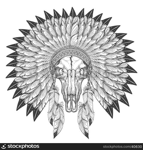 Buffalo skull sketch with indian feather headdress isolated on white background. Buffalo skull sketch with indian feather headdress isolated on white background vector