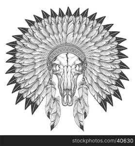 Buffalo skull sketch with indian feather headdress isolated on white background. Buffalo skull sketch with indian feather headdress isolated on white background vector