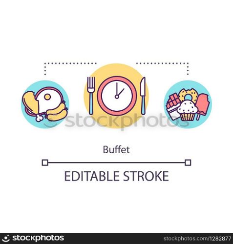 Buffet concept icon. Self service restaurant, hotel nutrition idea thin line illustration. Delicious breakfast, stand up meal. Vector isolated outline RGB color drawing. Editable stroke