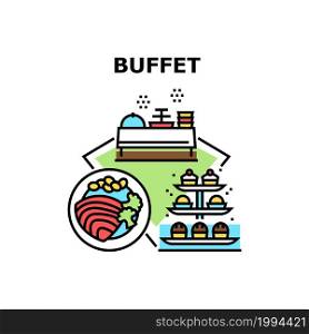Buffet Food Vector Icon Concept. Meat And Vegetable Delicious Meal Plate, Cookies And Cakes Buffet Food. Catering Service Tasty Dish And Dessert. Cooked Lunch And Dinner Color Illustration. Buffet Food Vector Concept Color Illustration