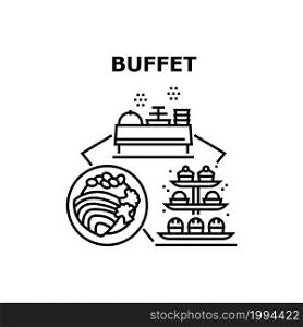 Buffet Food Vector Icon Concept. Meat And Vegetable Delicious Meal Plate, Cookies And Cakes Buffet Food. Catering Service Tasty Dish And Dessert. Cooked Lunch And Dinner Black Illustration. Buffet Food Vector Concept Black Illustration