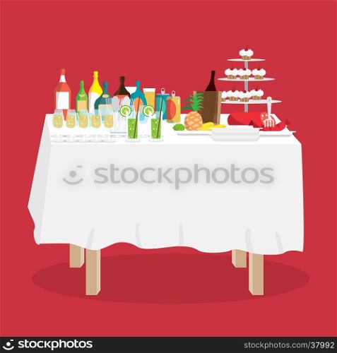 Buffet table with food and drinks. Cartoon style vector illustration isolated on white background
