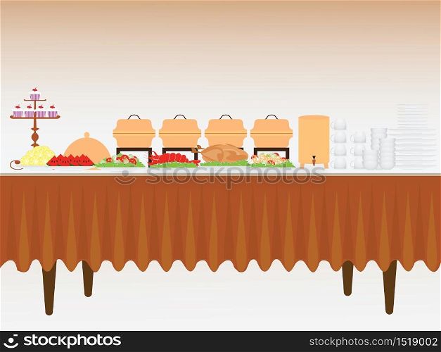Buffet table with many food, roasted Turkey, salad, spaghetti, lobster and fruit watermelon and orange, vector illustration.