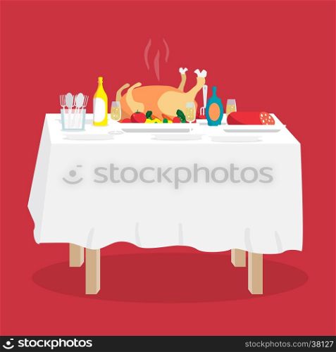 Buffet table with turkey, other food and drinks. Cartoon style vector illustration isolated on white background