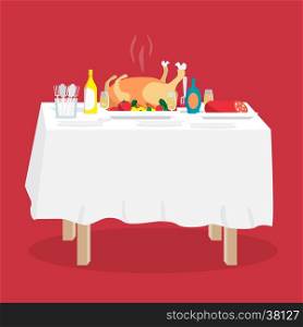 Buffet table with turkey, other food and drinks. Cartoon style vector illustration isolated on white background