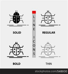 Bug, bugs, insect, testing, virus Icon in Thin, Regular, Bold Line and Glyph Style. Vector illustration. Vector EPS10 Abstract Template background