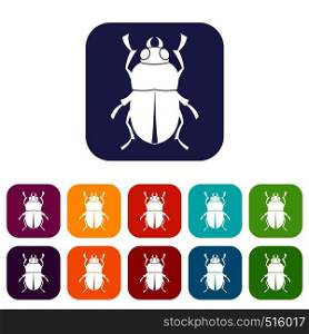 Bug icons set vector illustration in flat style in colors red, blue, green, and other. Bug icons set