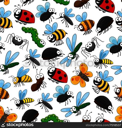 Bugs and insects funny cartoon seamless wallpaper with vector pattern of cute colorful characters of bumblebee, bee, beetle, ladybird, spider, butterfly, mosquito, dragonfly, caterpillar, fly. Bugs and insects funny cartoon wallpaper