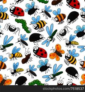 Bugs and insects funny cartoon seamless wallpaper with vector pattern of cute colorful characters of bumblebee, bee, beetle, ladybird, spider, butterfly, mosquito, dragonfly, caterpillar, fly. Bugs and insects funny cartoon wallpaper