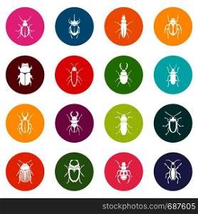 Bugs icons many colors set isolated on white for digital marketing. Bugs icons many colors set