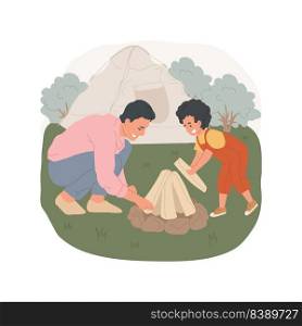 Build a c&fire isolated cartoon vector illustration. Son and father making a c&fire, put wood in teepee shape, building a fire place together, holiday c&ing activity vector cartoon.. Build a c&fire isolated cartoon vector illustration.