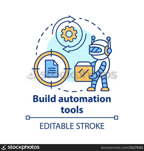 Build automation tools concept icon. Robot helper setup. Information technology. System maintenance. Robotic process idea thin line illustration. Vector isolated outline drawing. Editable stroke