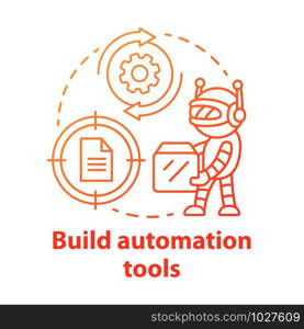 Build automation tools concept icon. Robot helper setup. Information technology. System maintenance. Robotic process idea thin line illustration. Vector isolated outline drawing