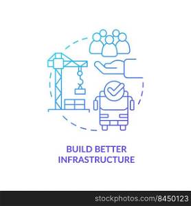 Build better infrastructure blue gradient concept icon. City development. Reduction of overcrowding abstract idea thin line illustration. Isolated outline drawing. Myriad Pro-Bold fonts used. Build better infrastructure blue gradient concept icon