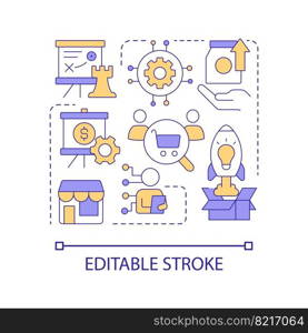 Build business strategy concept icon. Find insights. Marketing analytic. Consumers research abstract idea thin line illustration. Isolated outline drawing. Editable stroke. Arial font used
. Build business strategy concept icon
