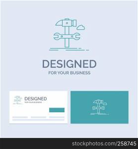Build, engineering, hammer, repair, service Business Logo Line Icon Symbol for your business. Turquoise Business Cards with Brand logo template