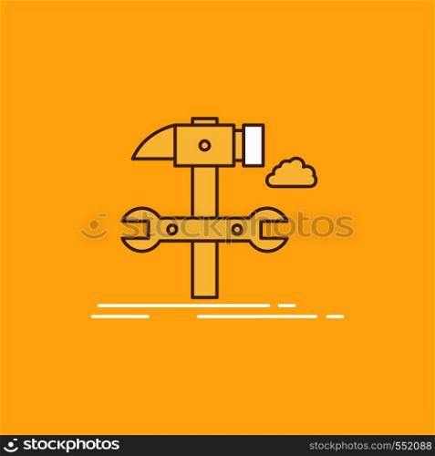 Build, engineering, hammer, repair, service Flat Line Filled Icon. Beautiful Logo button over yellow background for UI and UX, website or mobile application. Vector EPS10 Abstract Template background