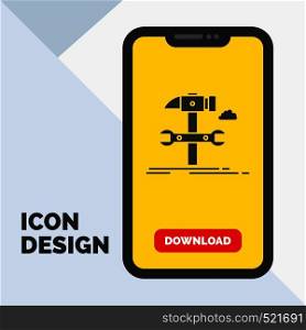 Build, engineering, hammer, repair, service Glyph Icon in Mobile for Download Page. Yellow Background. Vector EPS10 Abstract Template background